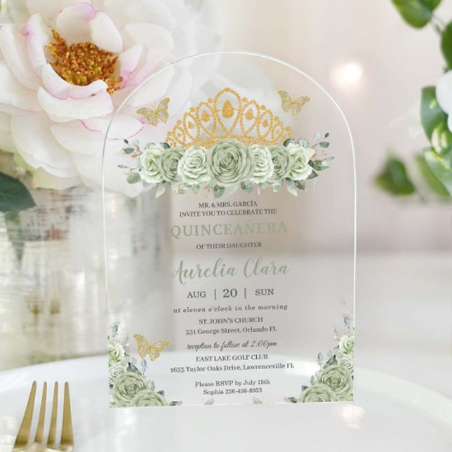Invitations En Acrylique Papillon de la Couronne d'or floral de Quinceañera (Créateur téléchargé)