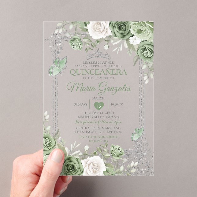 Invitations En Acrylique Papillon de la couronne verte Silver Quinceañera (In situ (ordinateur de poche))