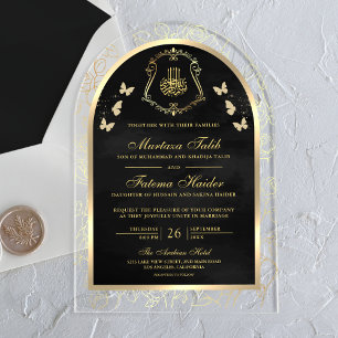 Invitations En Acrylique Papillon de l'Arche de Mariage Musulman en Or Noir