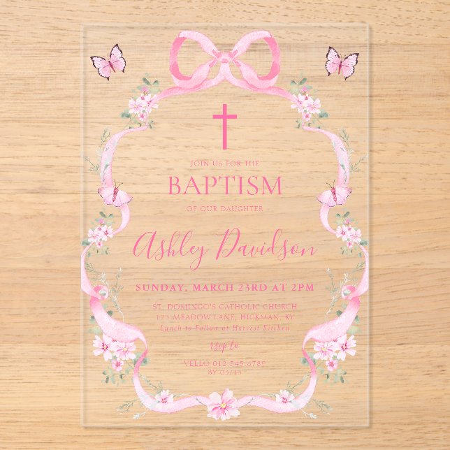 Invitations En Acrylique Papillon Fleur Sauvage Ruban Rose Baptême (Recto)
