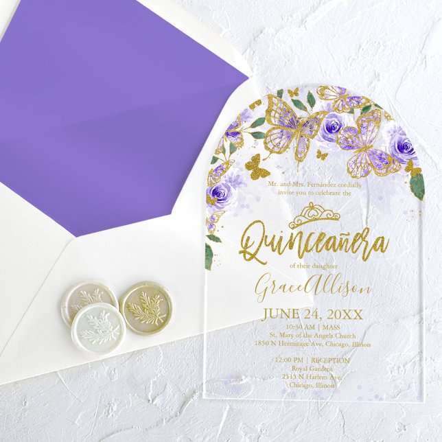 Invitations En Acrylique Papillon floral pourpre or Quinceañera (Créateur téléchargé)
