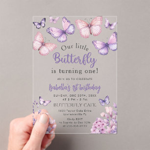 Invitations En Acrylique Papillon floral rose pourpre fille 1er anniversair