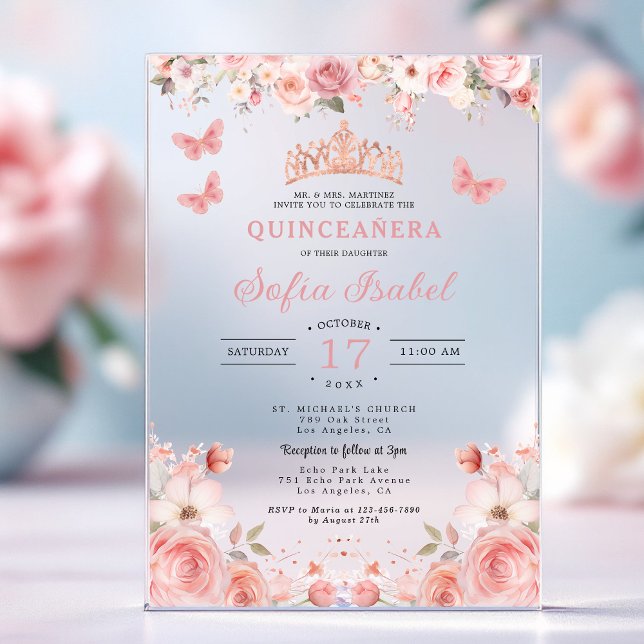 Invitations En Acrylique Papillon floral rose rose pâle Quinceañera (Créateur téléchargé)