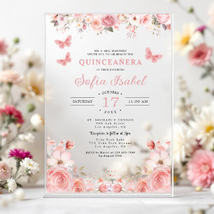 Invitations En Acrylique Papillon floral rose rose pâle Quinceañera