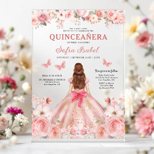 Invitations En Acrylique Papillon floral rose rose pâle Quinceañera
