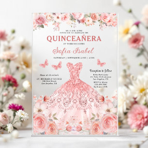 Invitations En Acrylique Papillon floral rose rose pâle Quinceañera