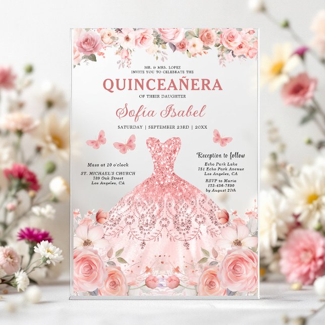 Invitations En Acrylique Papillon floral rose rose pâle Quinceañera (Créateur téléchargé)
