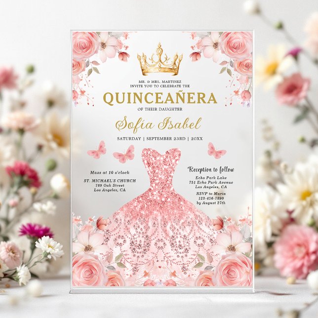 Invitations En Acrylique Papillon floral rose rose pâle Quinceañera (Créateur téléchargé)