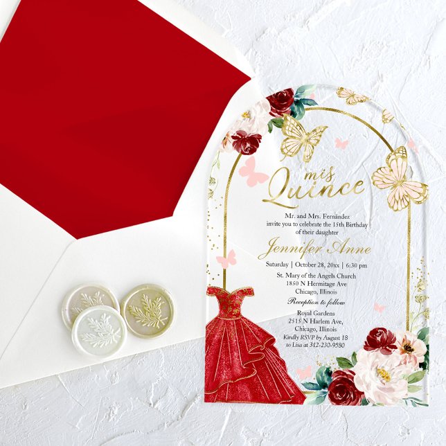 Invitations En Acrylique Papillon Floral Rouge Quinceañera (Créateur téléchargé)