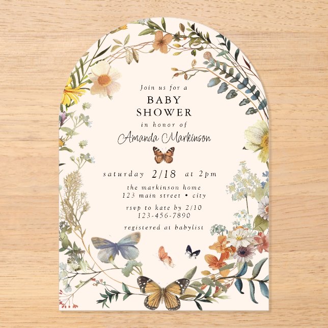 Invitations En Acrylique Papillon floral rustique Baby shower neutre genre (Recto)