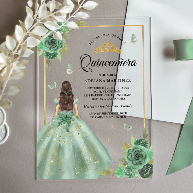 Invitations En Acrylique Papillon floral vert Dusty Quinceanera (Créateur téléchargé)