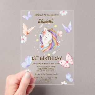 Invitations En Acrylique Papillon Licorne Fleurie Anniversaire Rayé