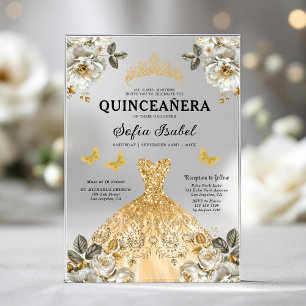 Invitations En Acrylique Papillon Princesse Quinceanera Or Doré Floral