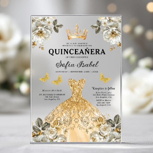 Invitations En Acrylique Papillon Princesse Quinceanera Or Doré Floral