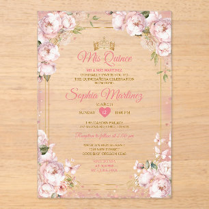 Invitations En Acrylique Papillon Quince Couronne Or Quinceañera Mis rose