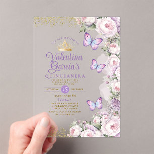 Invitations En Acrylique Papillon Quinceañera 15 Anos Purple Couronne Flora