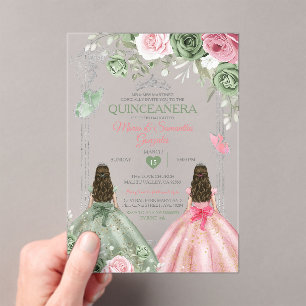 Invitations En Acrylique Papillon Quinceañera Sage Vert Et Rose Twin