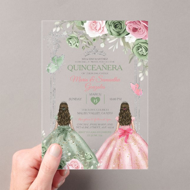 Invitations En Acrylique Papillon Quinceañera Sage Vert Et Rose Twin (In situ (ordinateur de poche))