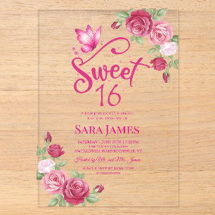 Invitations En Acrylique Papillon Rose Enchantée Sweet 16 Anniversaire
