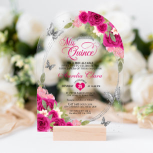 Invitations En Acrylique Papillon rose floral en argent Quinceañera Arch