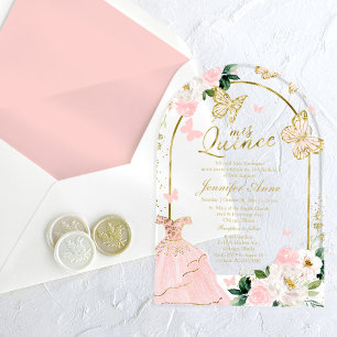 Invitations En Acrylique Papillon rose Floral Quinceañera