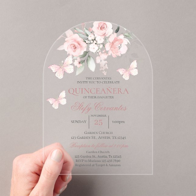 Invitations En Acrylique Papillon rose Quinceañera (In situ (ordinateur de poche))
