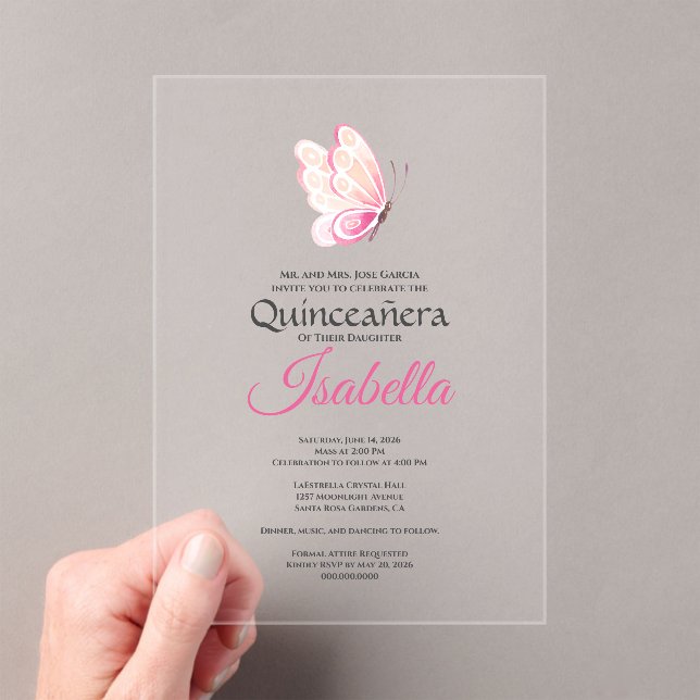 Invitations En Acrylique Papillon Rose Quinceanera 15e Anniversaire (In situ (ordinateur de poche))