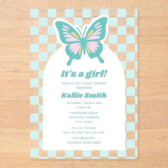 Invitations En Acrylique Papillon Turquoise Checkerboard Girl Baby shower (Recto)
