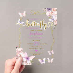 Invitations En Acrylique Papillon Violet Fleur Rose 1er Anniversaire