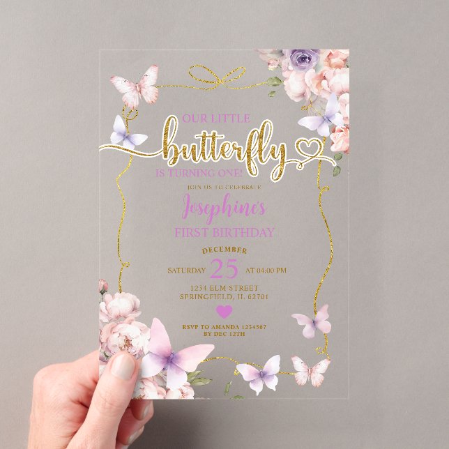 Invitations En Acrylique Papillon Violet Fleur Rose 1er Anniversaire (In situ (ordinateur de poche))