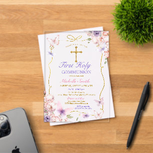 Invitations En Acrylique Papillon Violet Floral Rose Première Sainte Commun