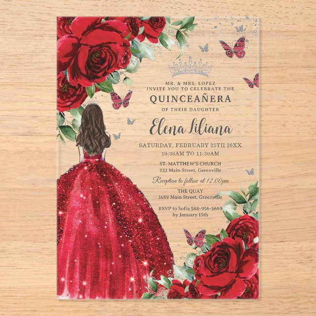 Invitations En Acrylique Papillons d'argent Floral Rouge Quinceañera Sweet  (Recto)