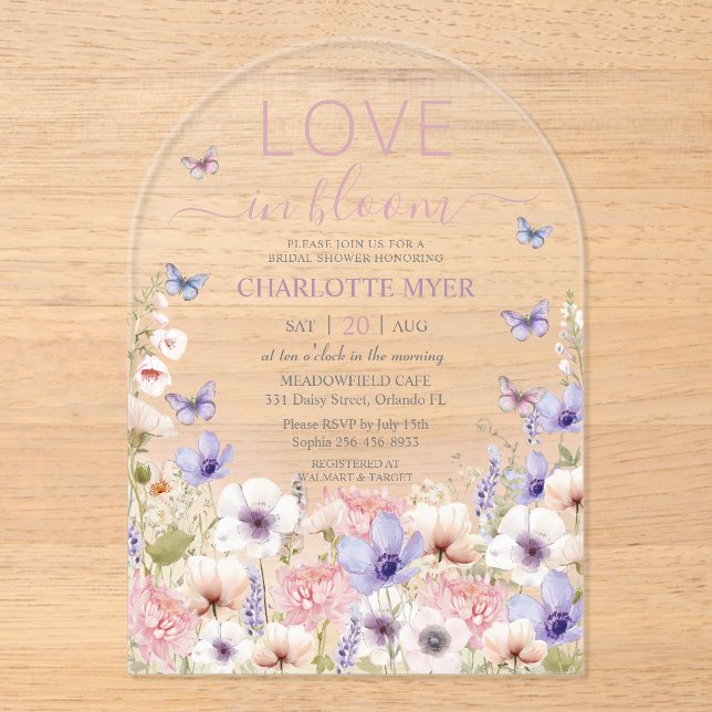 Invitations En Acrylique Papillons de fleurs sauvages roses violettes Amour (Recto)