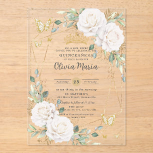 Invitations En Acrylique Papillons Floraux Blancs Or Quinceañera Quince