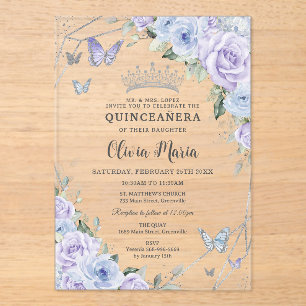 Invitations En Acrylique Papillons floraux bleu pourpre Quinceañera