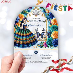 Invitations En Acrylique Papillons floraux de Fiesta QUINCEANERA Or Bleu