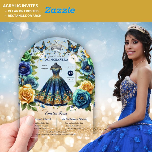 Invitations En Acrylique Papillons floraux de Fiesta QUINCEANERA Or Bleu (Créateur téléchargé)