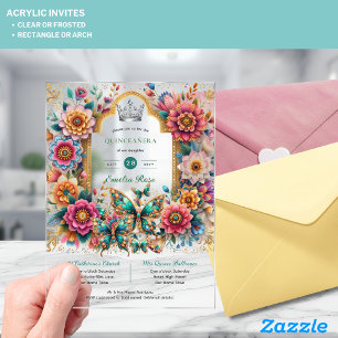 Invitations En Acrylique Papillons floraux QUINCEANERA Tiara Gold Silver