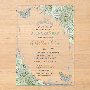 Invitations En Acrylique Papillons floraux vert Sage Silver Quinceañera