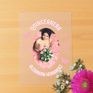 Invitations En Acrylique Papillons roses Quinceanera