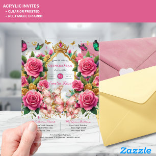 Invitations En Acrylique Papillons roses QUINCEANERA Tiara Floraux Roses
