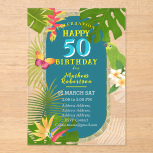Invitations En Acrylique Paradis tropical 50e anniversaire annuel sarcelle