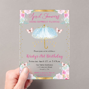 Invitations En Acrylique Parapluie bleu or aquarelle 21e anniversaire