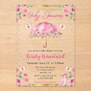 Invitations En Acrylique Parapluie de printemps en or rose aquarelle Baby S