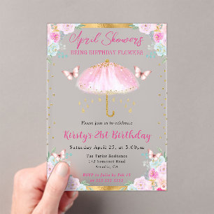 Invitations En Acrylique Parapluie de printemps rose en or aquarelle 21e an