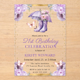Invitations En Acrylique Parapluie de printemps violet et or 21e anniversai