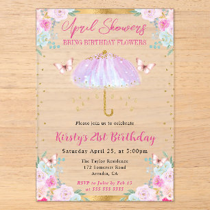 Invitations En Acrylique Parapluie de printemps violet et or 21e anniversai