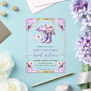 Invitations En Acrylique Parapluie de printemps violet et or Sweet 16