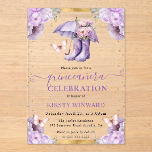 Invitations En Acrylique Parapluie de Quinceanera violet et or de printemps