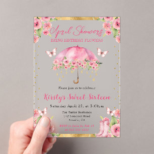 Invitations En Acrylique Parapluie rose doré à l'aquarelle Sweet Sixteen